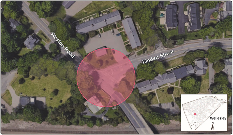 Figure 2 - Intersection Study Area: Linden Street and Weston Road. Aerial view of the study intersection that highlights where Linden Street meets Weston Road and the location of the intersection within the Town of Wellesley. Figure 2 - Intersection Study Area: Linden Street and Weston Road. Aerial view of the study intersection that highlights where Linden Street meets Weston Road and the location of the intersection within the Town of Wellesley.
